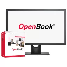 Resimde, üzerinde "Freedom Scientific OpenBook" yazılı bir kutu ve yanında bir bilgisayar monitörü görülüyor. Kutunun üzerinde çeşitli insan figürlerinin yer aldığı küçük bir fotoğraf kolajı bulunuyor. Monitör ise düz ve geniş ekranlı. Kutunun tasarımı kırmızı ve beyaz renklerle ağırlıklı olarak yapılmış.